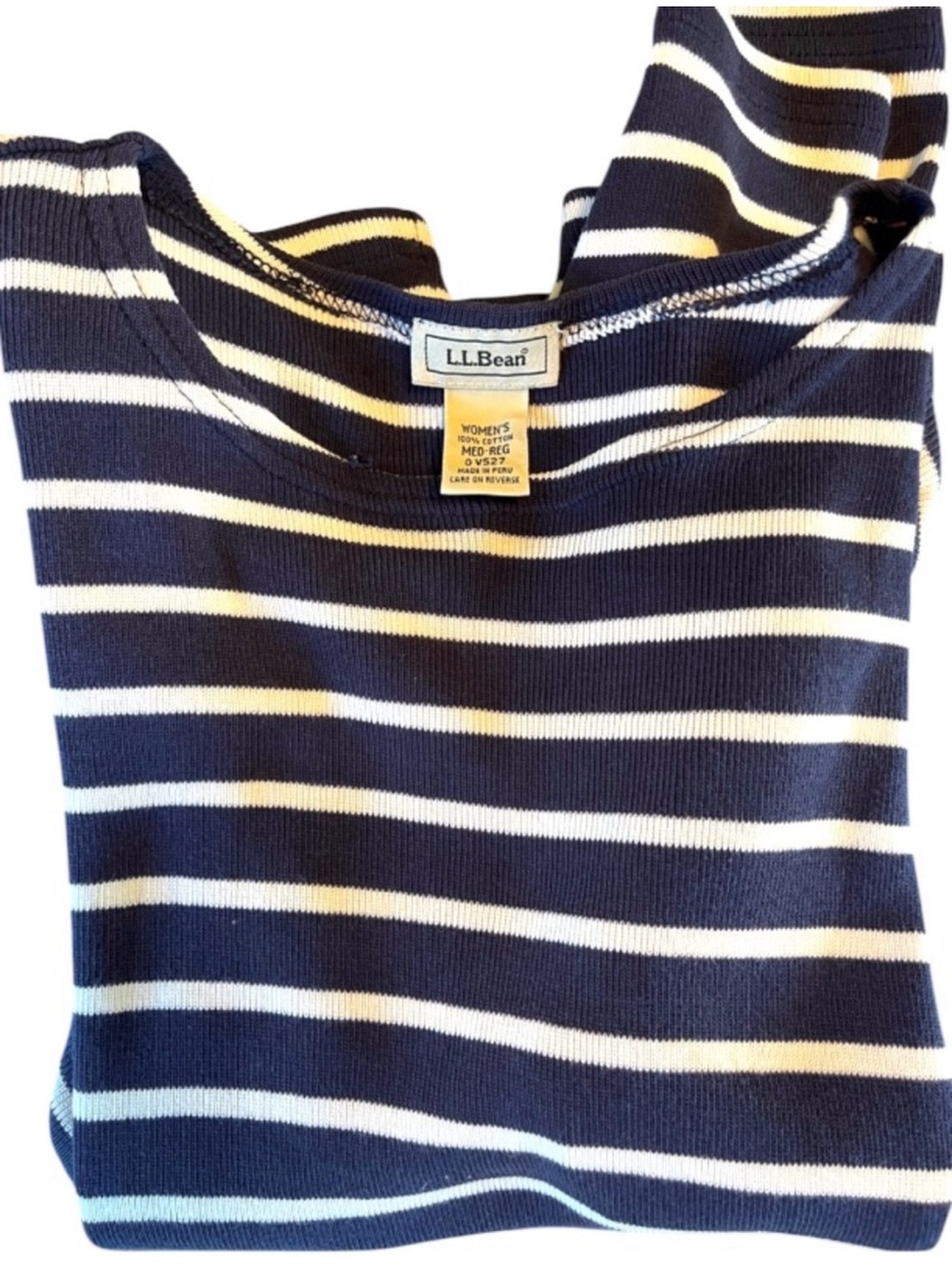 LL Bean Striped Navy and Cream 3/4 Sleeves Tee Shirt Sz Medium
